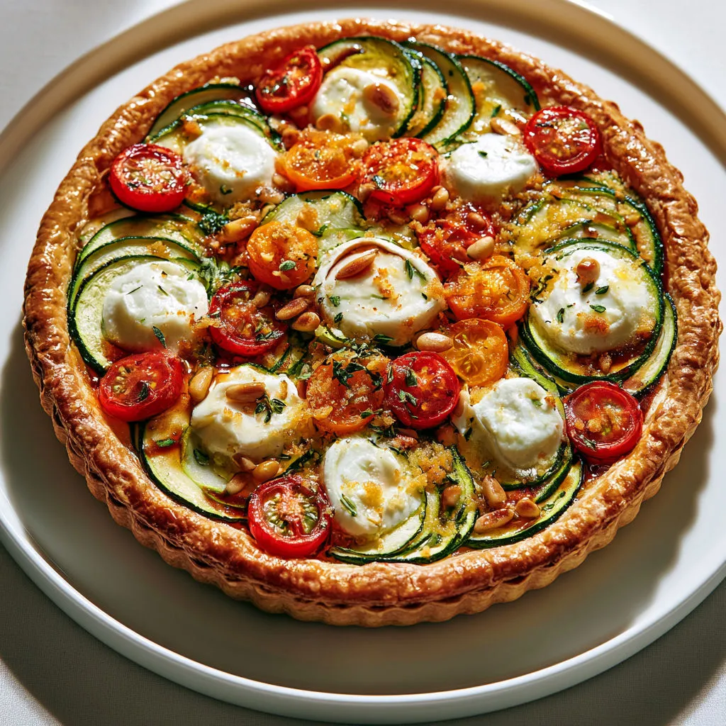 Tarte d’été ultra colorée au chèvre, pesto rosso et légumes du soleil.