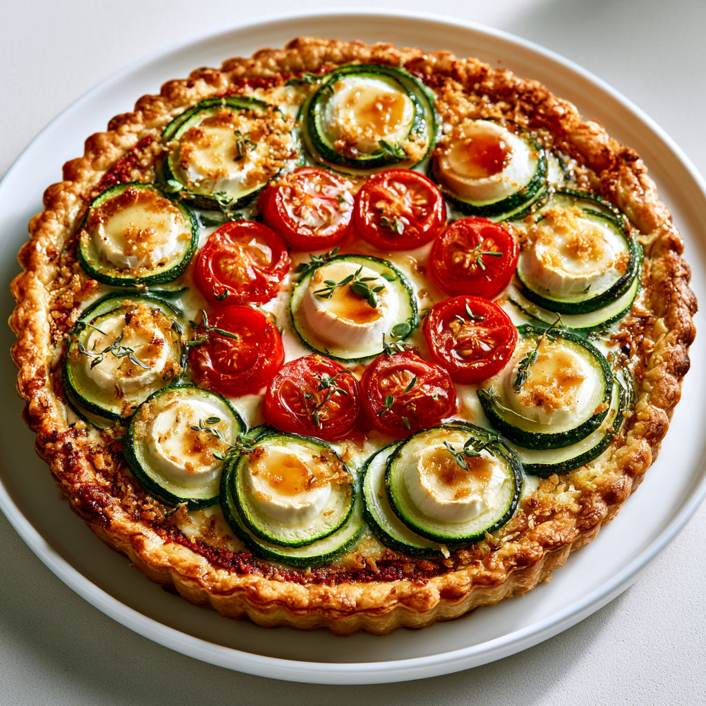 Tarte aux courgettes et tomates rôties, chèvre fondant, pignons croquants.