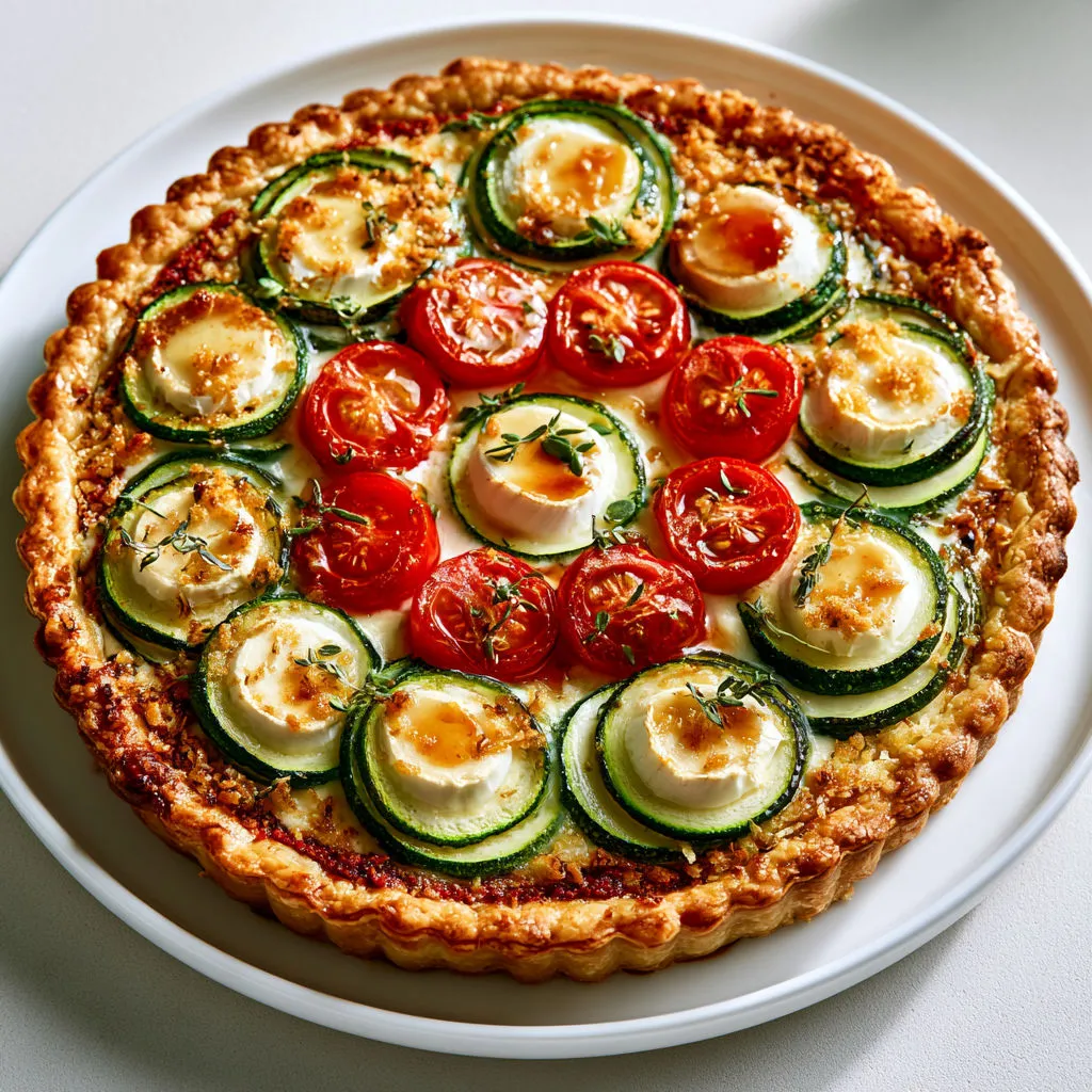 Tarte aux courgettes et tomates rôties, chèvre fondant, pignons croquants.