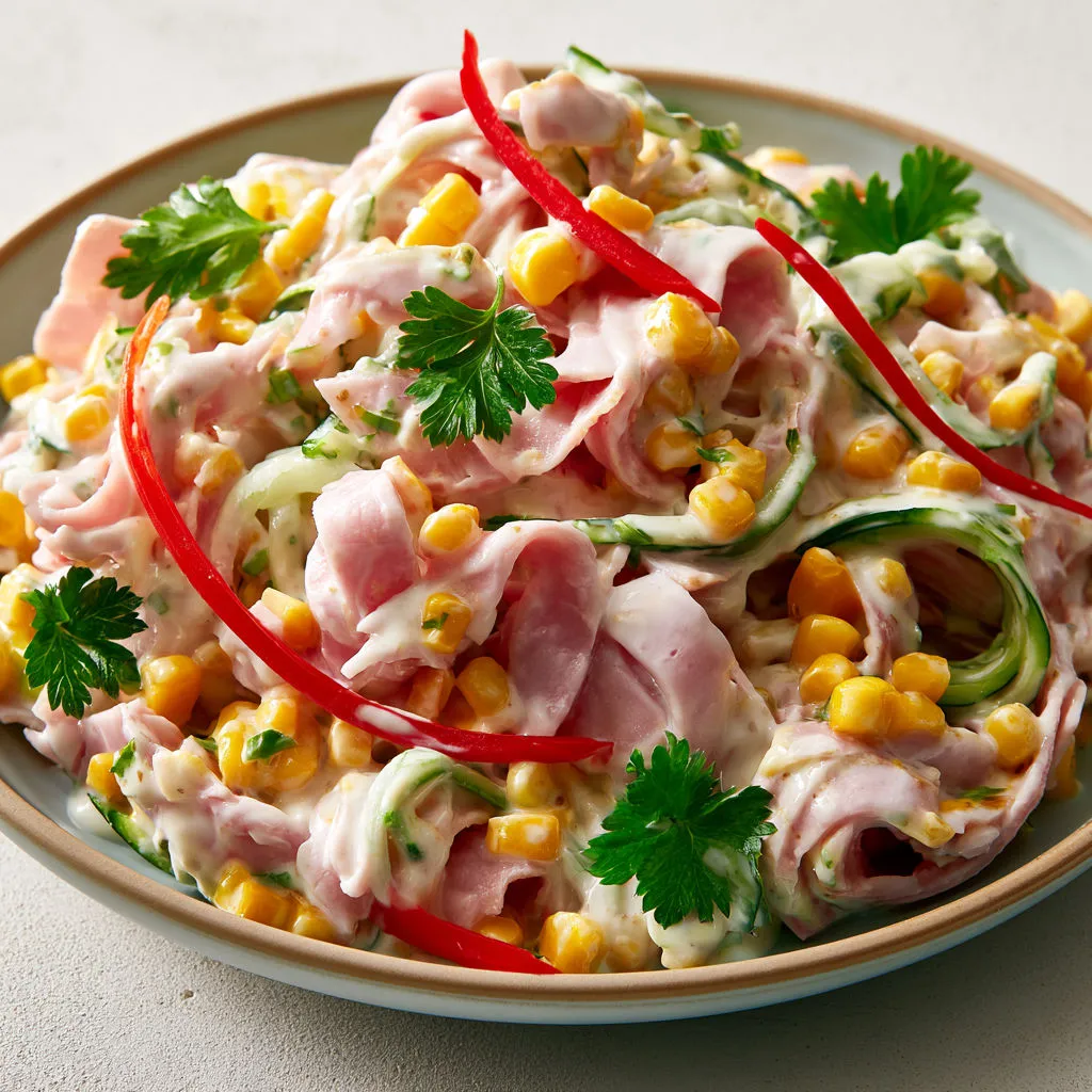 Salade fraîche avec jambon, concombre et maïs.