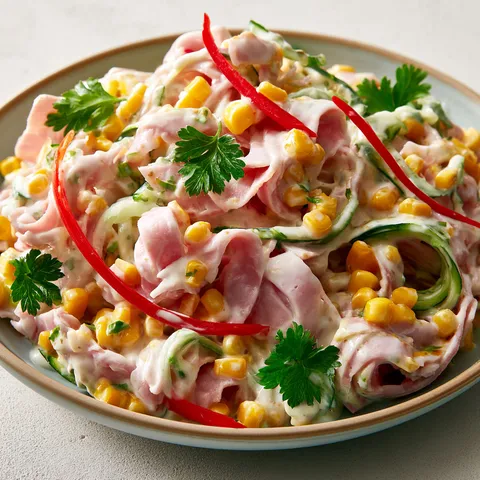 Salade fraîche avec jambon, concombre et maïs.