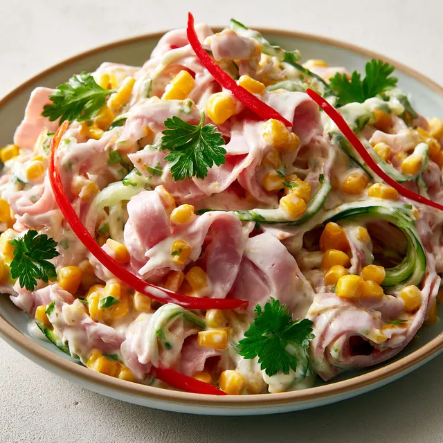 Salade fraîche avec jambon, concombre et maïs.