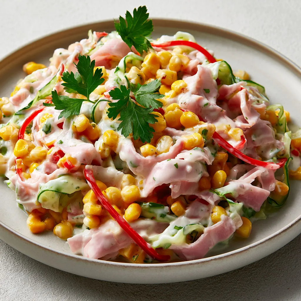 Salade fraîche et croquante avec concombres, jambon et maïs.