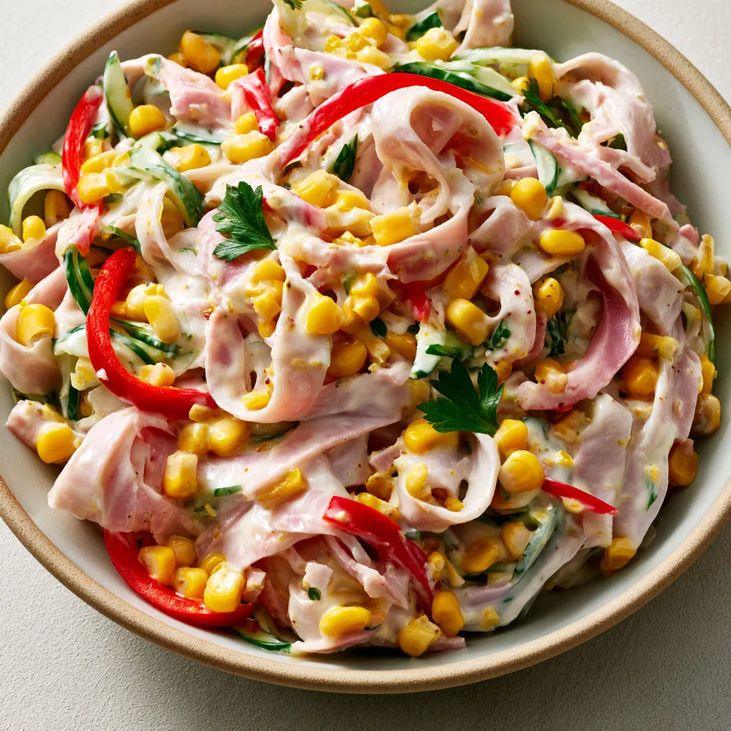 Salade fraîche et colorée avec concombre, jambon et maïs.
