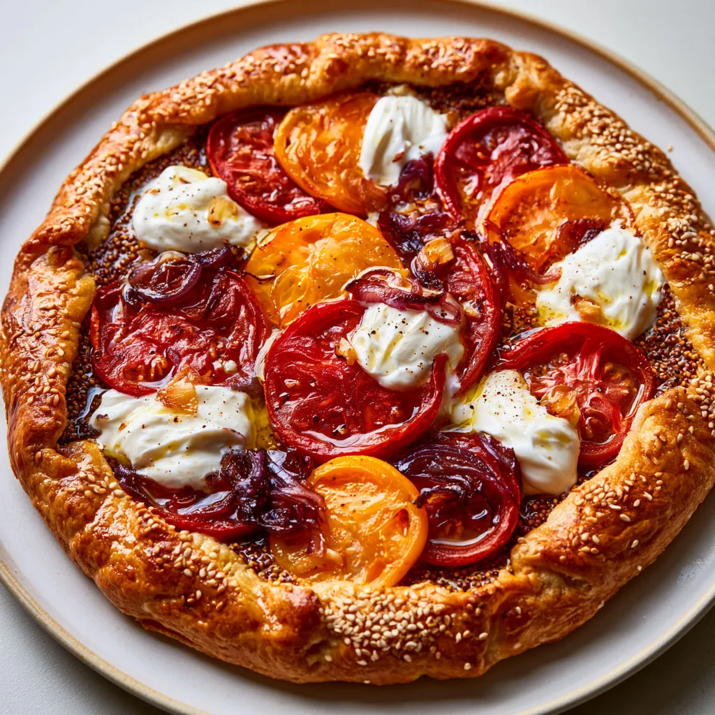 Tarte Tomate Express avec Oignons rouges, Moutarde et Miel.