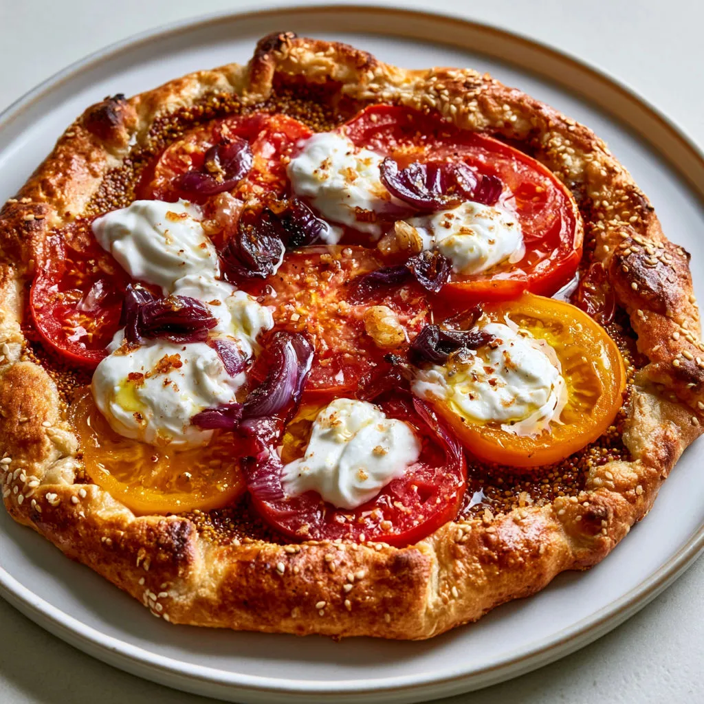 Tarte Salée Tomate et Oignons caramélisés sur pâte maison.