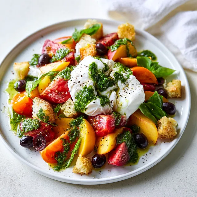 Tomates et pêches en salade avec burrata et sauce chimichurri.
