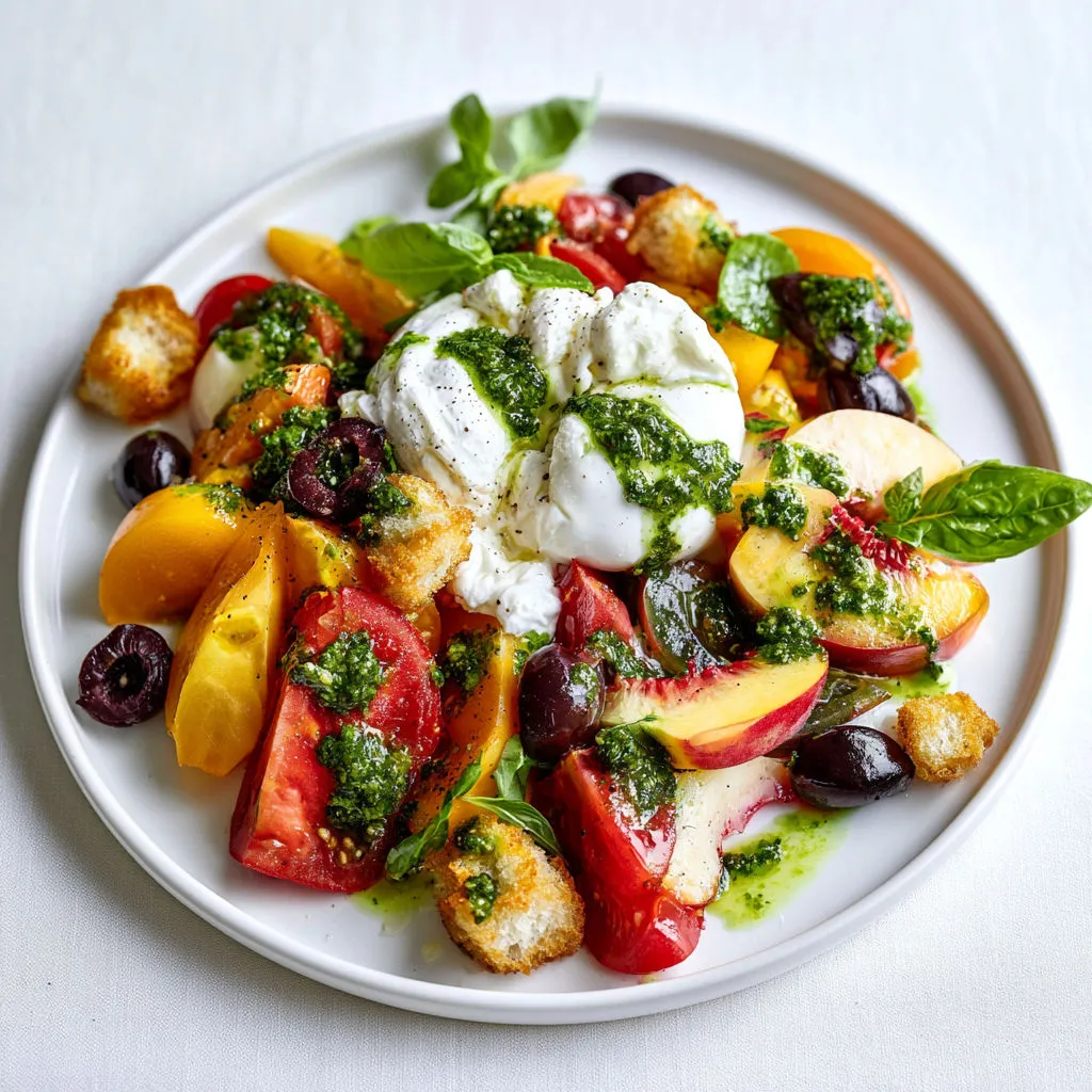 Burrata avec Tomates, Pêches et Chimichurri au Basilic.