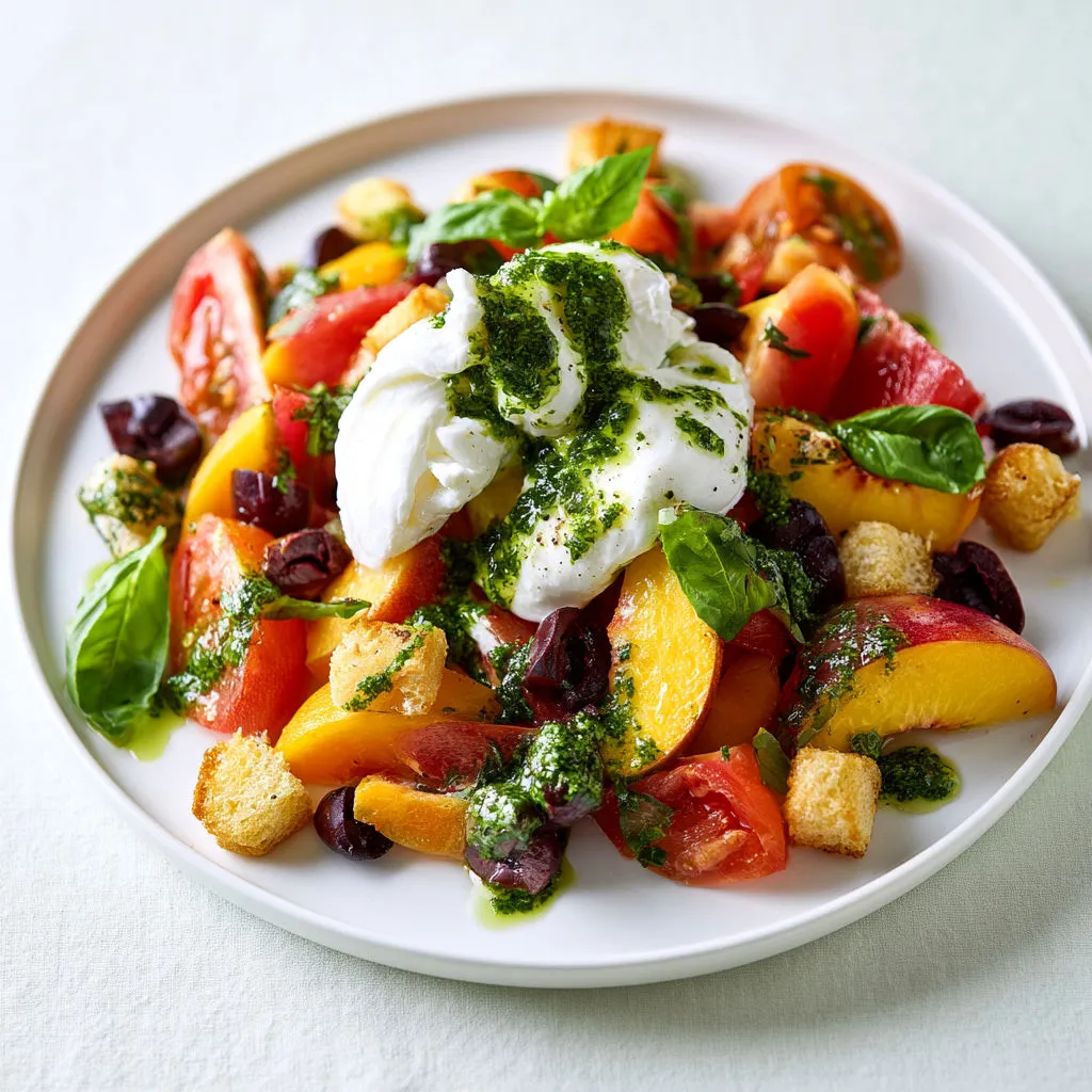 Salade Fraîche Tomates, Pêches et Burrata avec Chimichurri Simple.