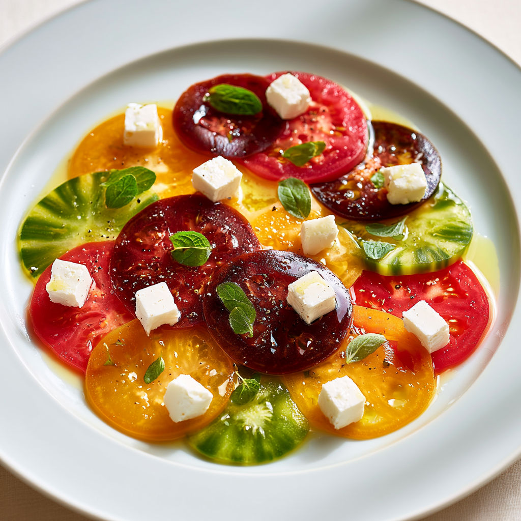 Lamelles de tomates variées avec chèvre et marjolaine sur une assiette.