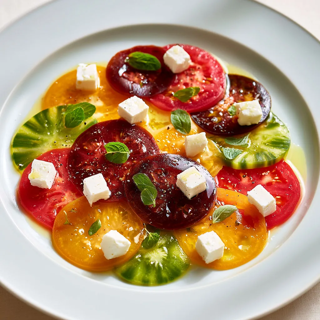 Lamelles de tomates variées avec chèvre et marjolaine sur une assiette.