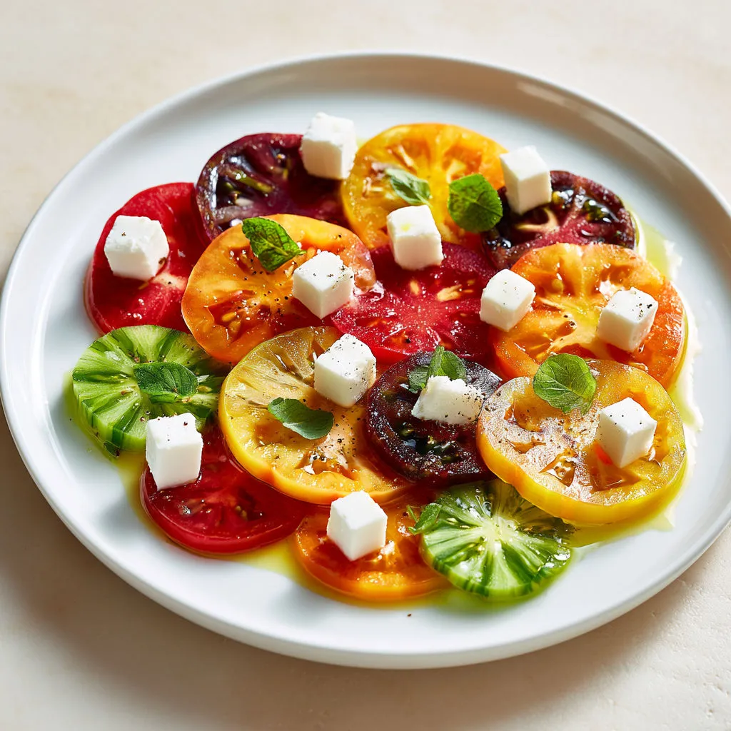 Carpaccio de tomates anciennes, chèvre frais et marjolaine.