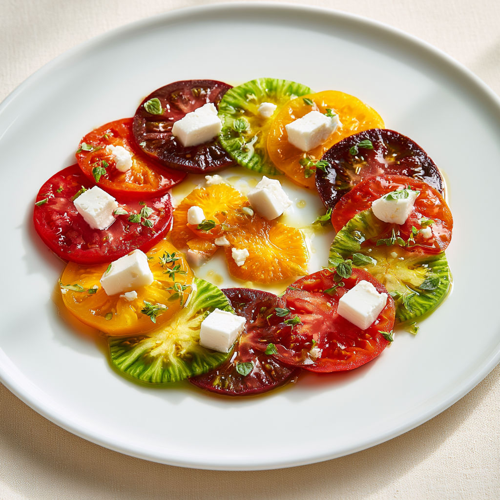 Carpaccio coloré de tomates, chèvre et herbes fraîches.