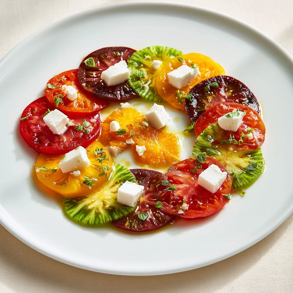 Carpaccio coloré de tomates, chèvre et herbes fraîches.