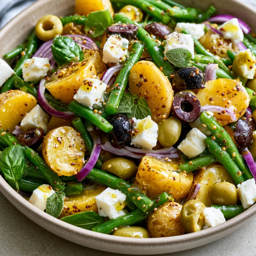 Mélange frais de pommes de terre, haricots verts, feta et olives.