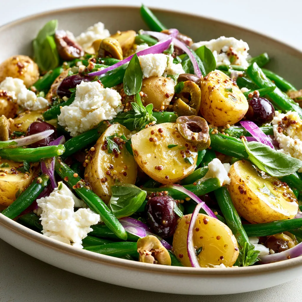 Une belle salade de pommes de terre, haricots verts et olives.