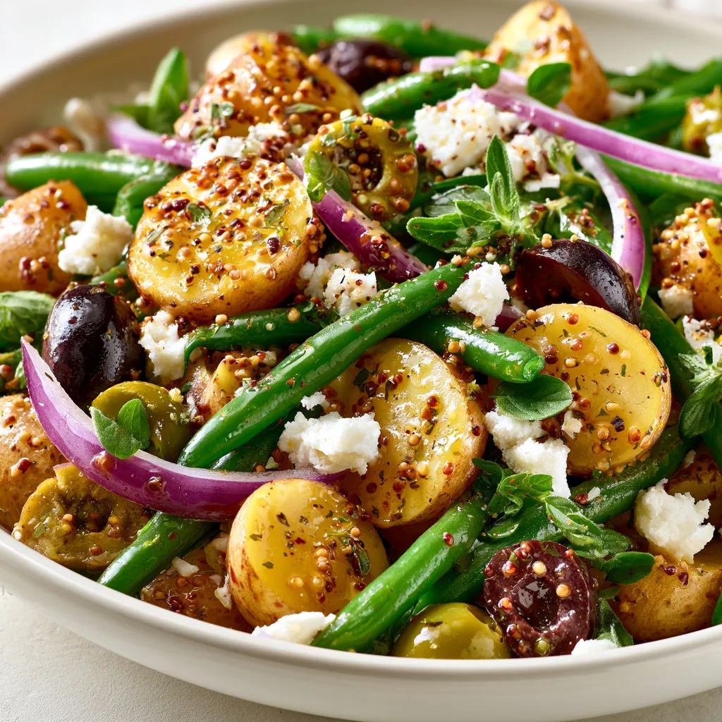 Salade fraîche et gourmande pommes de terre, haricots verts, olives et herbes.