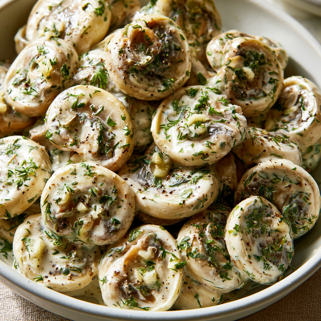 Salade de champignons finement tranchés, citron et herbes fraîches.