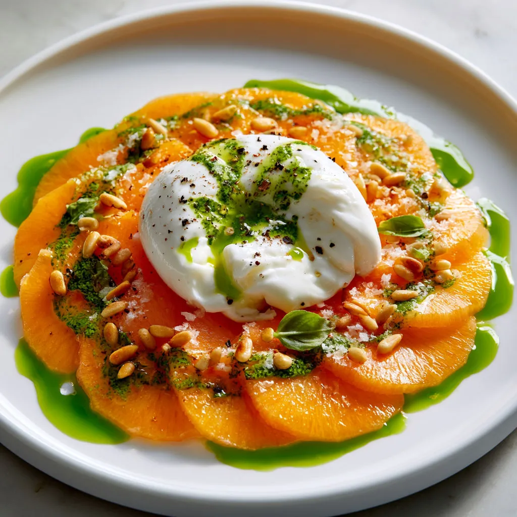 Une table blanche accueille un plat frais avec melon charentais, noix grillées et basilic.