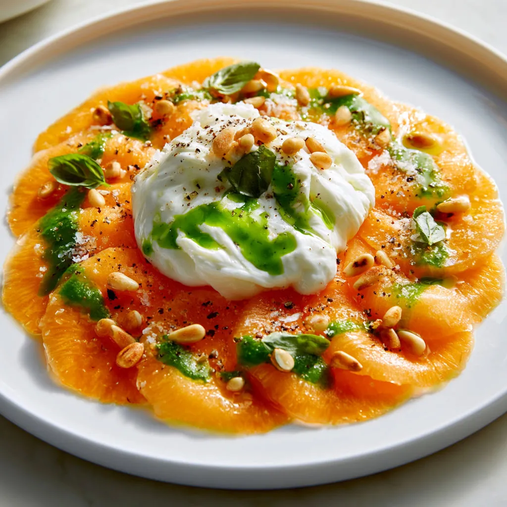 Carpaccio de Melon Charentais, Burrata Fondante et Huile de Basilic aux Pignons Grillés.