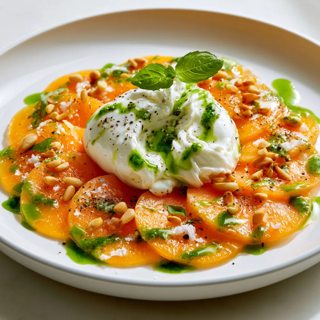 Salade Gourmande de Melon Charentais, Burrata Coulante, Basilic Frais et Pignons Torréfiés.