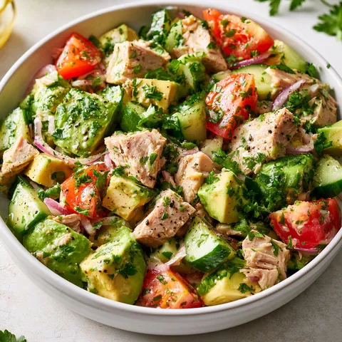 Thon et avocat en salade fraîche et équilibrée.