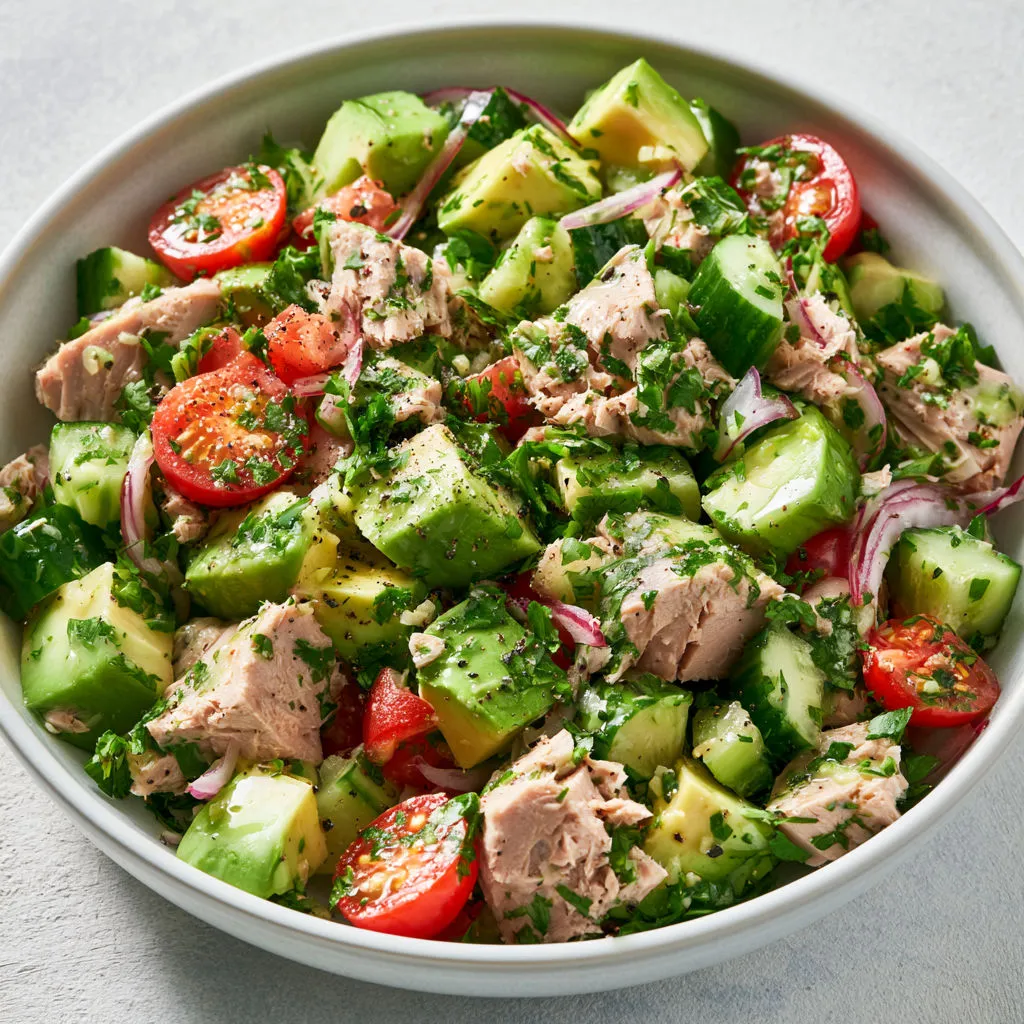Salade Complète Avocat Thon et Concombre Vinaigrette Citron.