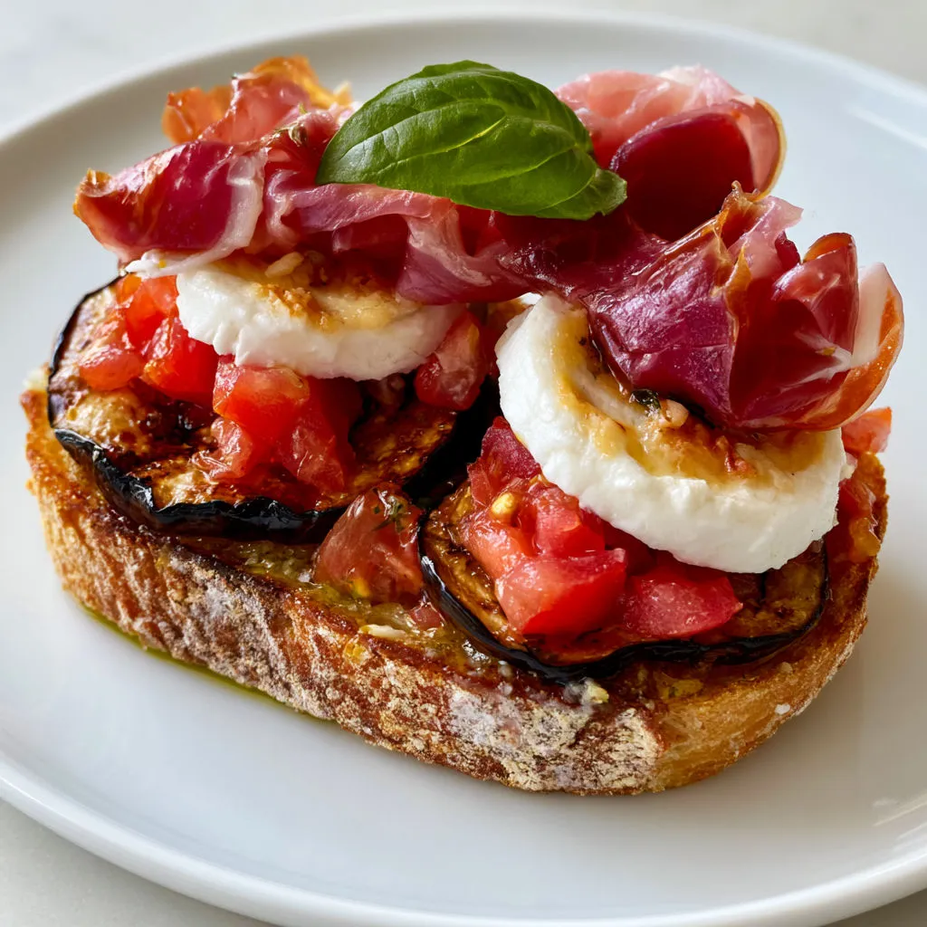 Délicieuses tartines de tomates, aubergines et chèvre fondant.