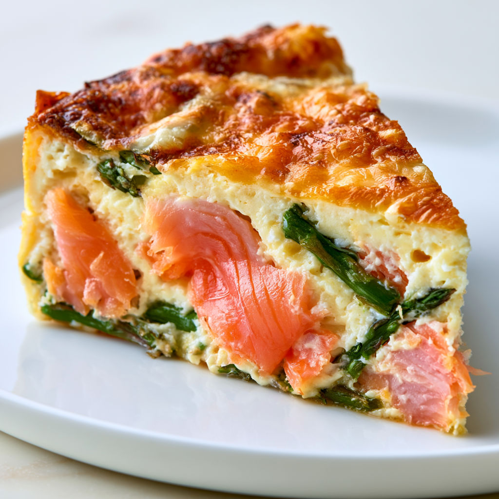 Quiche fondante sans pâte au saumon fumé, asperges vertes et gruyère doré.