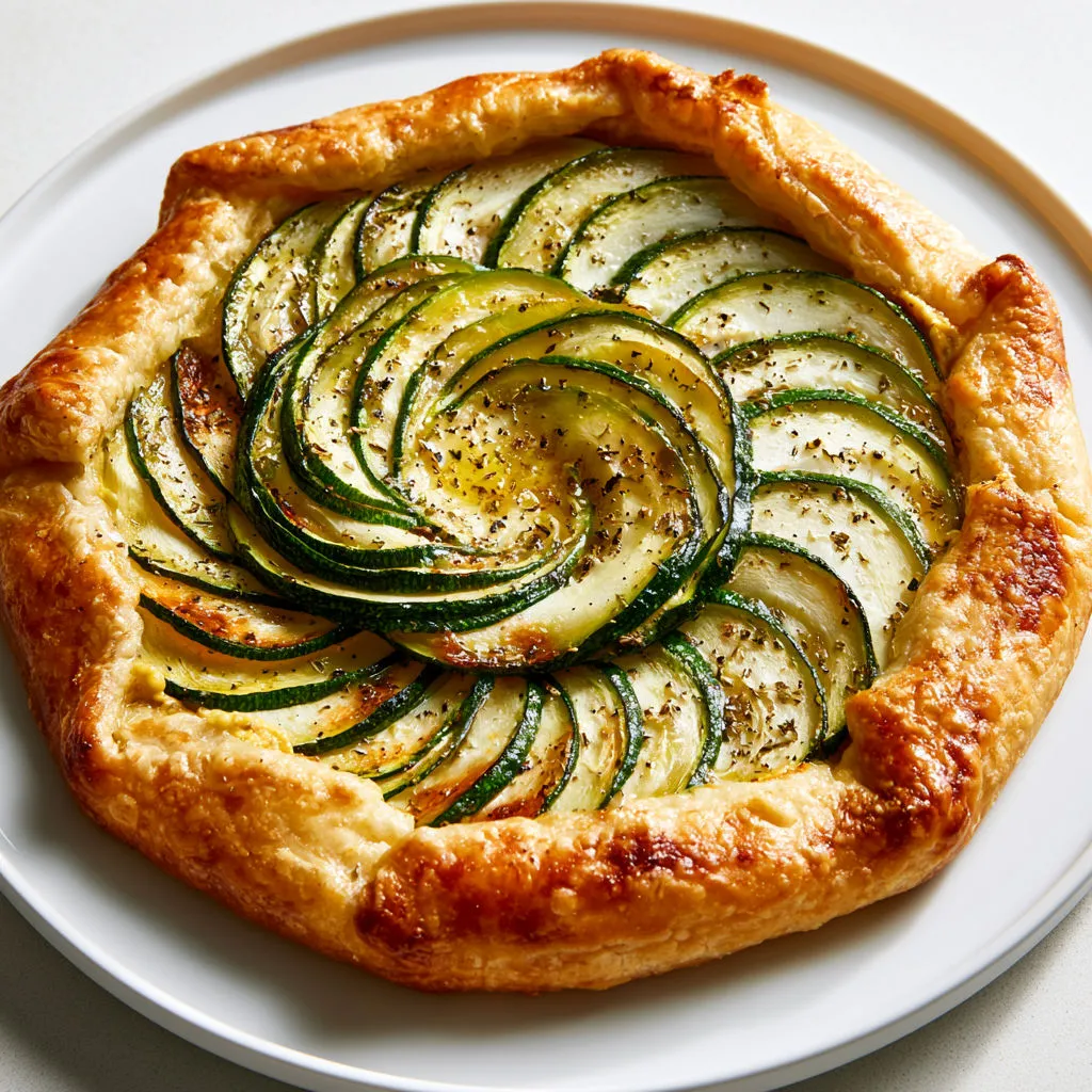 Un plat ensoleillé avec une tarte rustique aux courgettes marinées.