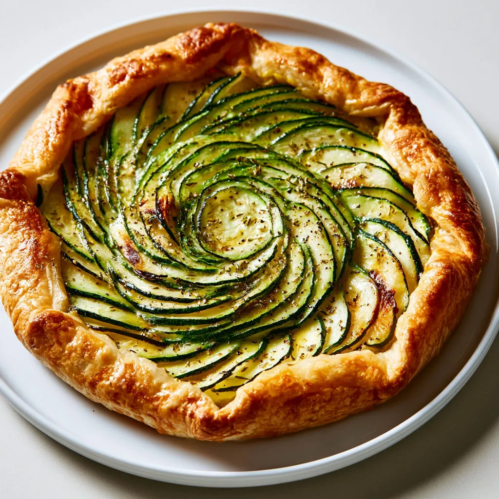 Tarte croustillante courgettes marinées, moutarde et herbes du sud.
