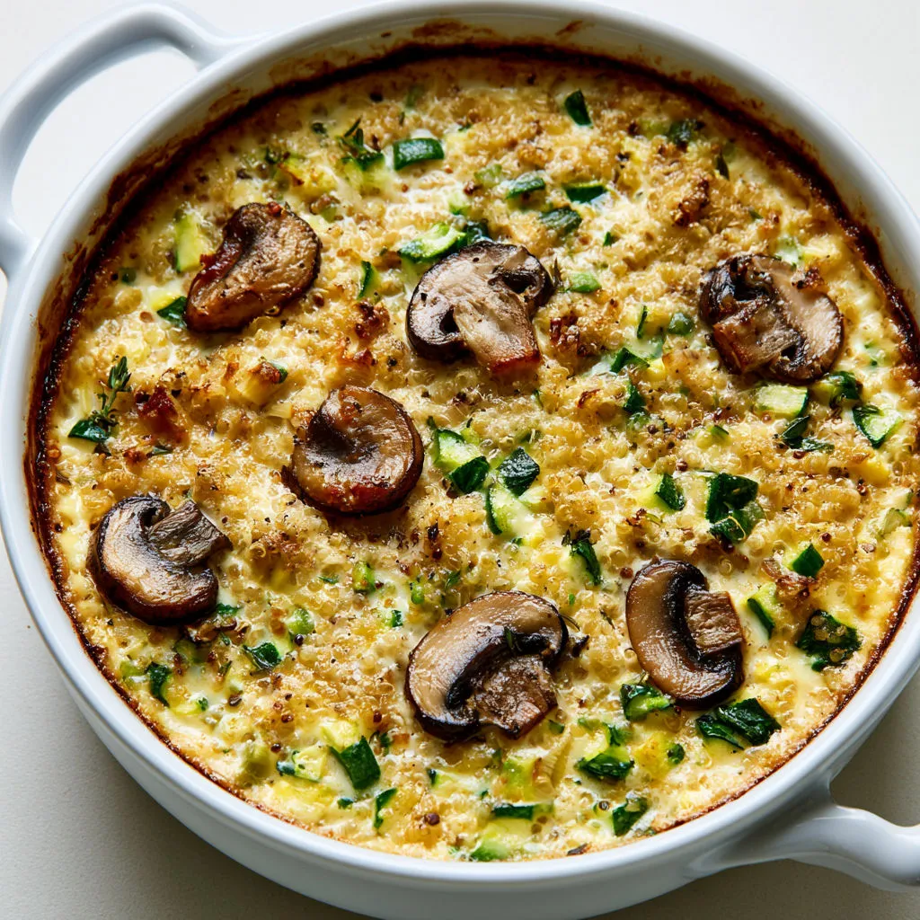 Un plat gratiné de courgettes et quinoa avec des champignons et des herbes fraîches.