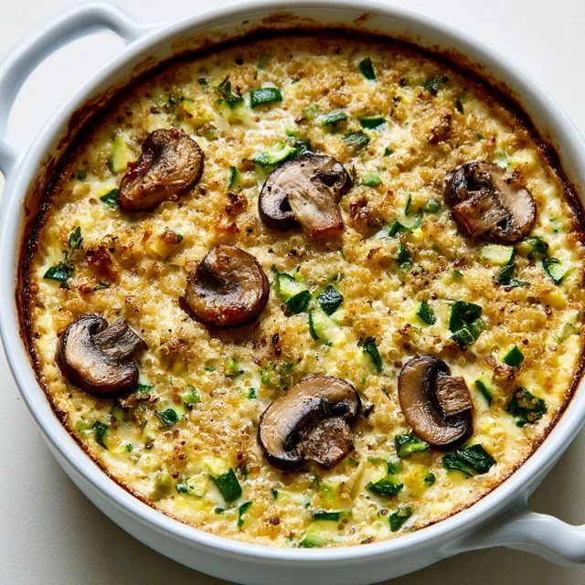Un plat gratiné de courgettes et quinoa avec des champignons et des herbes fraîches.
