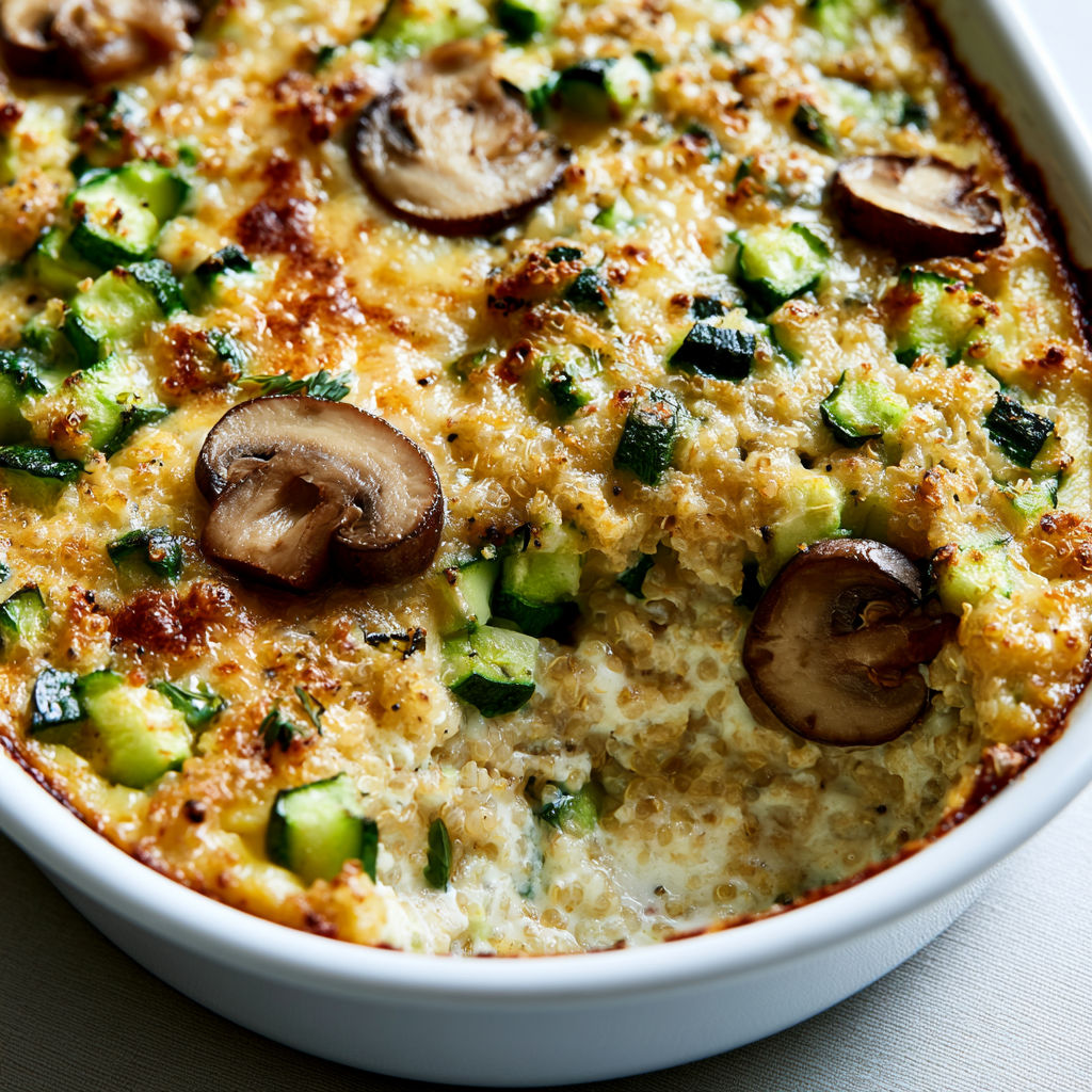 Gratin de Courgettes, Quinoa et Champignons façon crémeuse.