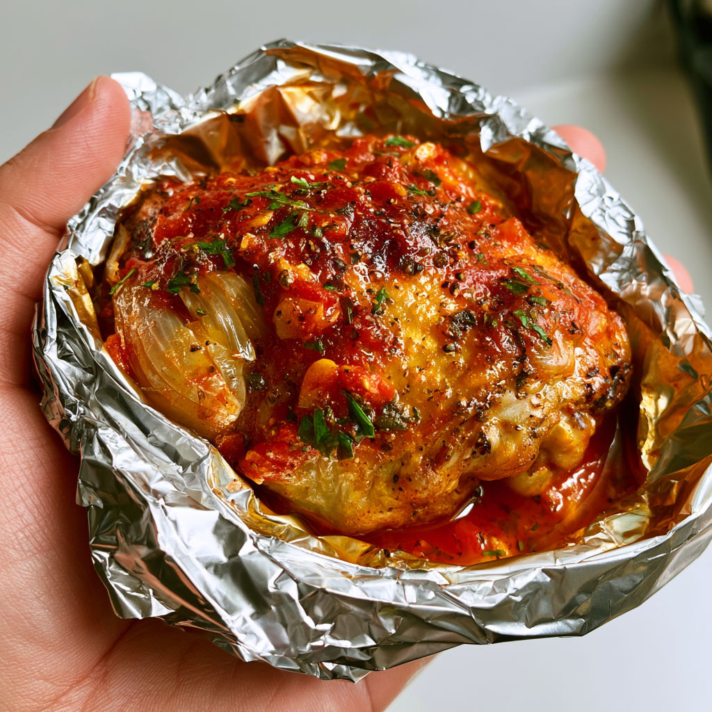 Cuisses de poulet en papillote avec tomates, ail, oignons et herbes du sud.