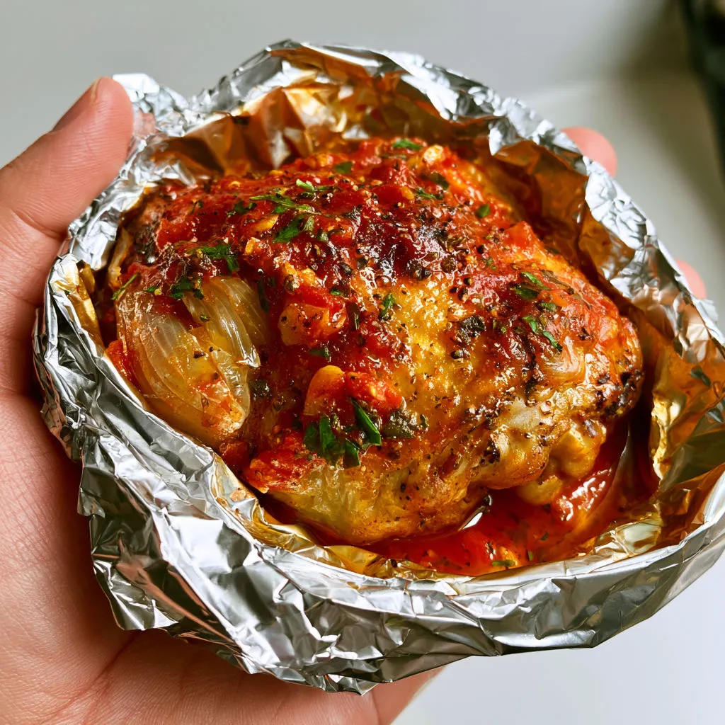 Cuisses de poulet en papillote avec tomates, ail, oignons et herbes du sud.