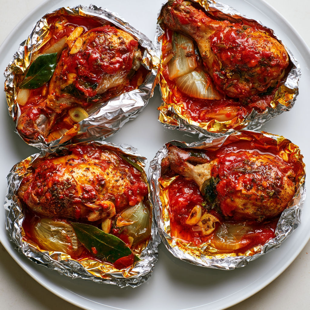 Poulet en papillote sauce tomate, laurier, herbes du sud, fondant garanti.