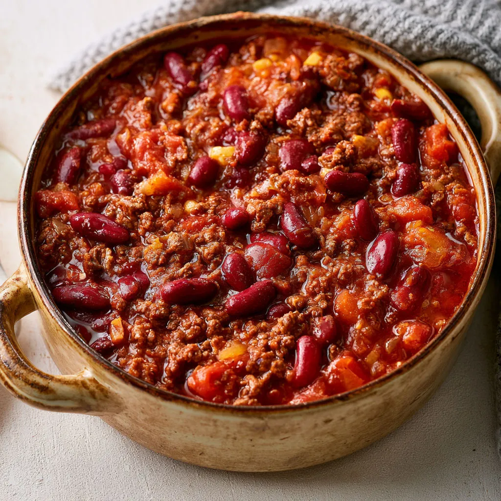 Plat chaleureux de chili facile prêt à être dégusté.