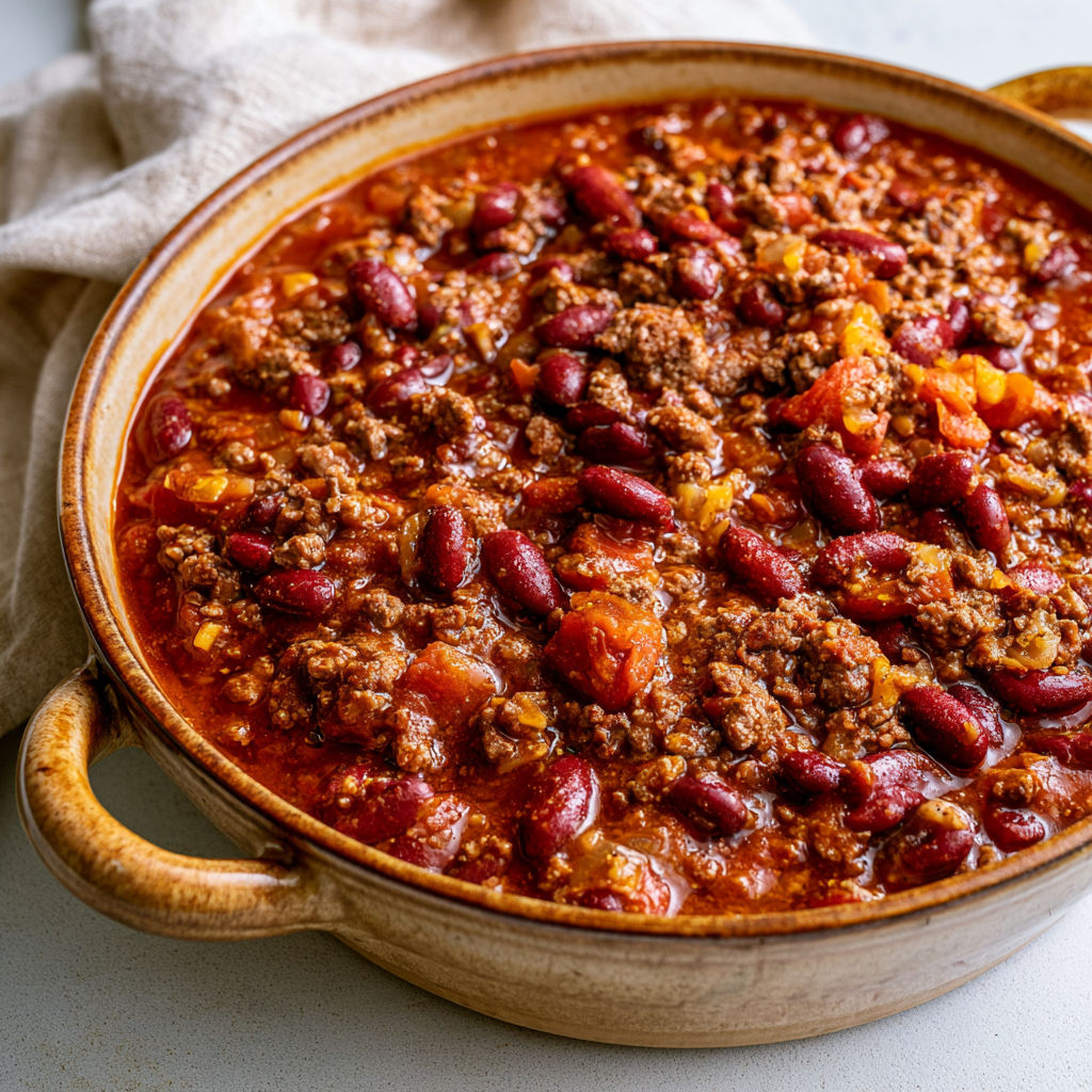 Chili rapide aux haricots rouges, viande et tomates mijotées.