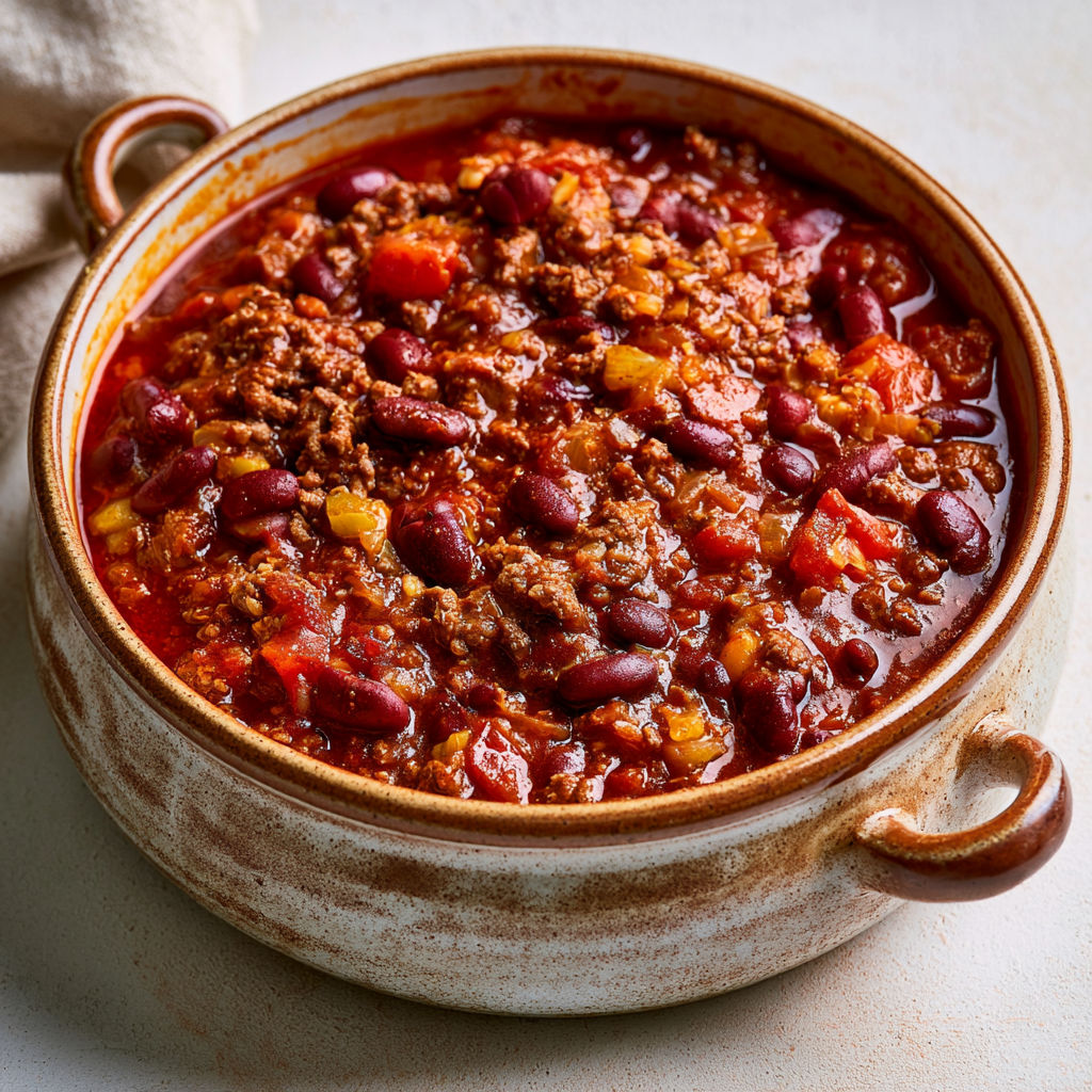 Chili maison aux haricots rouges, viande et sauce tomate épicée.