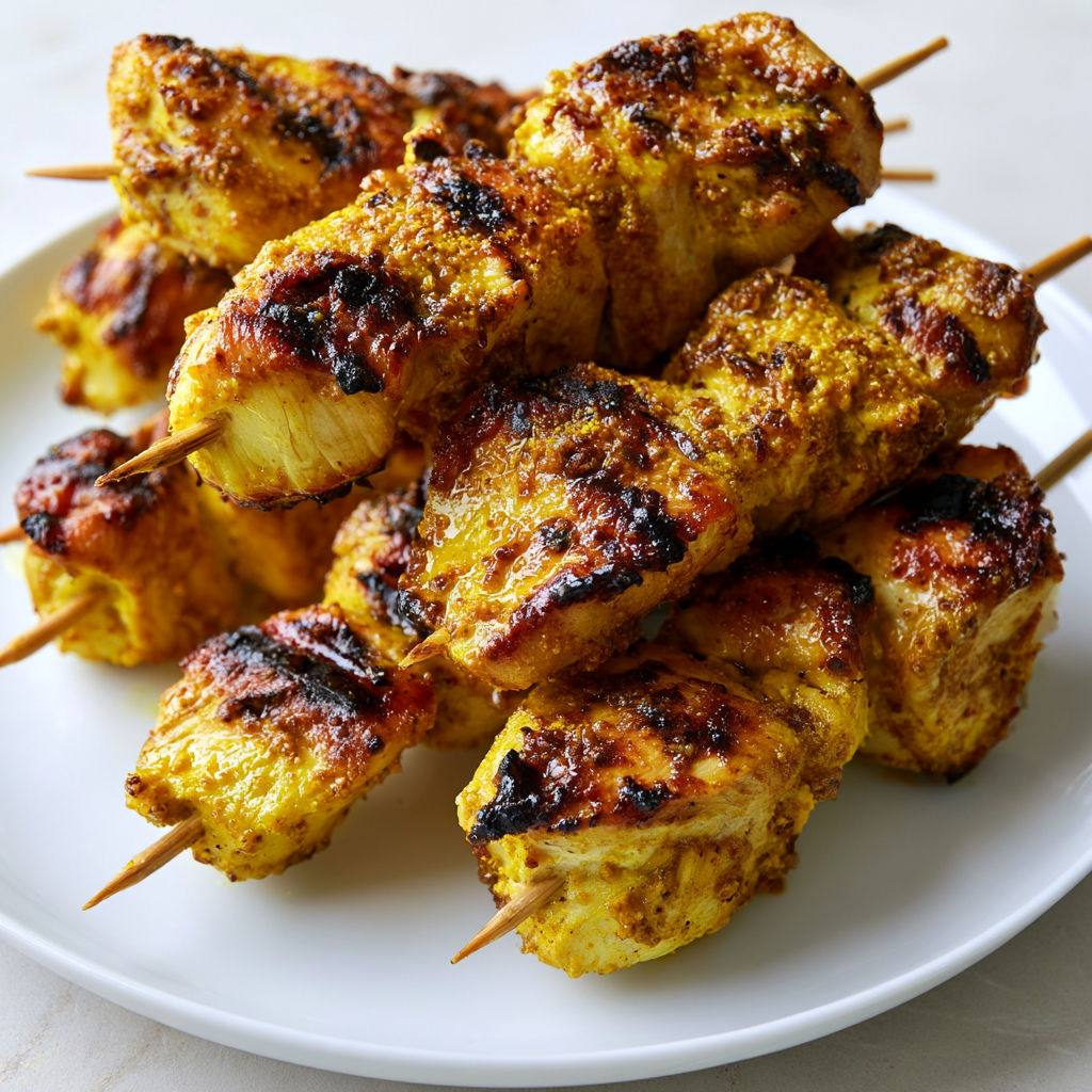 Brochettes de poulet tendres au miel curry cumin dorées à la poêle