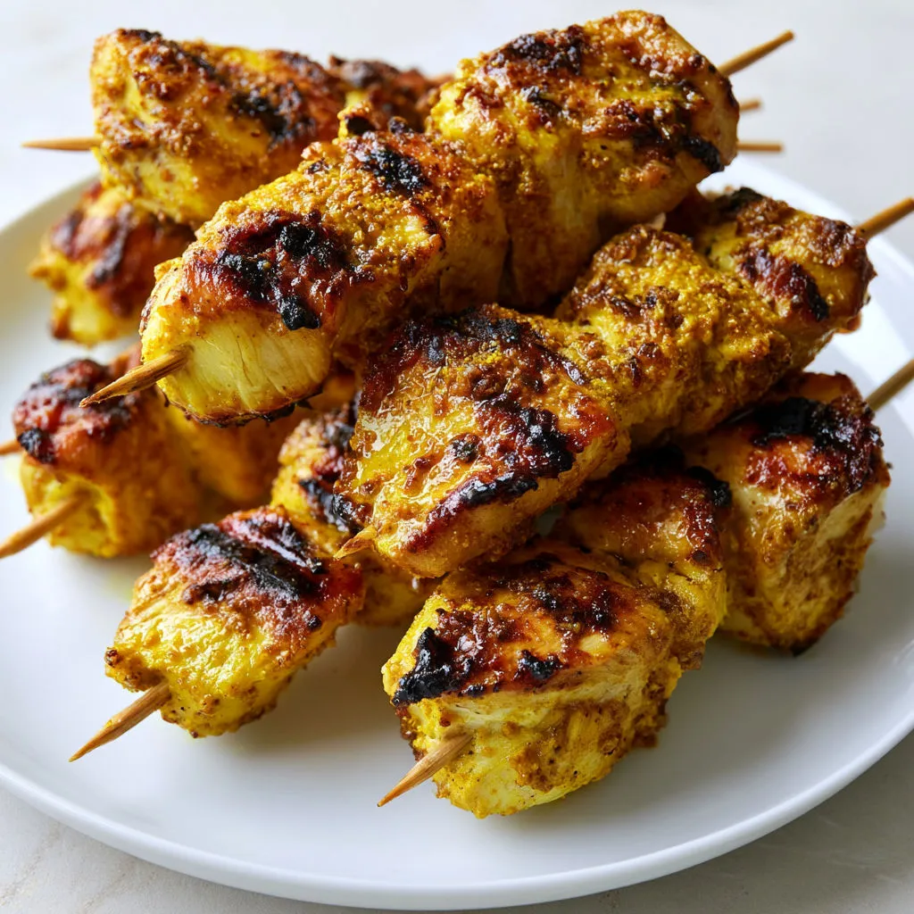 Brochettes de poulet tendres au miel curry cumin dorées à la poêle