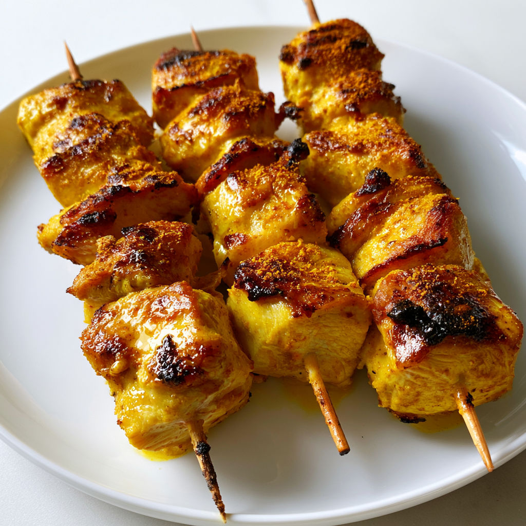 Brochettes de poulet rapides épicées marinade au miel curry
