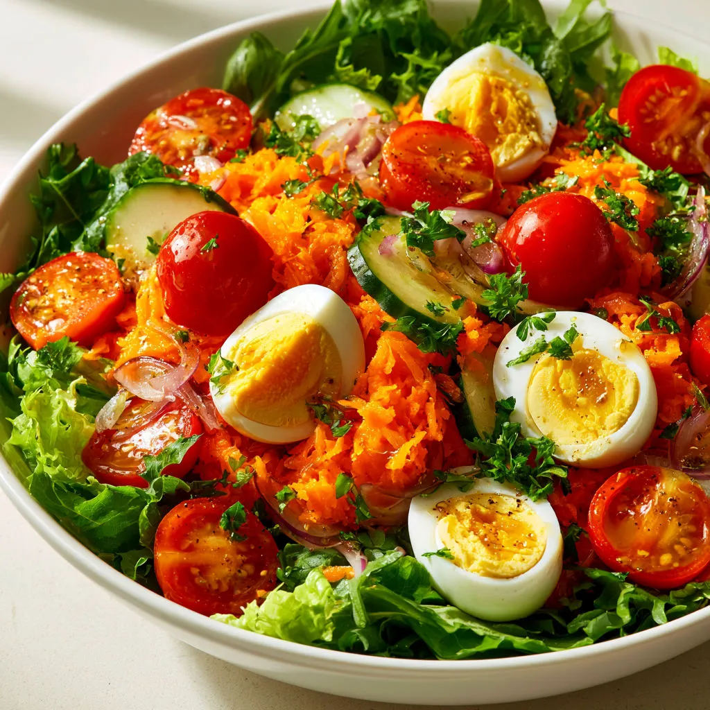 Un plat de légumes croquants avec carottes, œufs et tomates accompagné de persil frais.