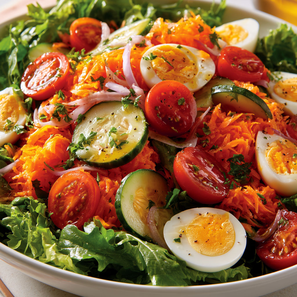 Bowl de salade croquante carottes, œufs, vinaigrette moutardée.