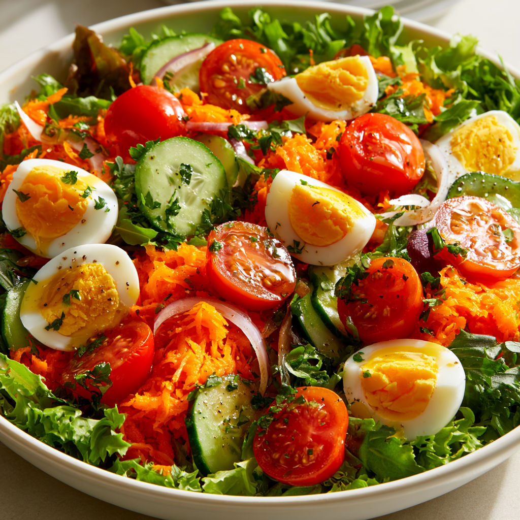 Bol frais de carottes râpées, œufs, concombre et tomates.