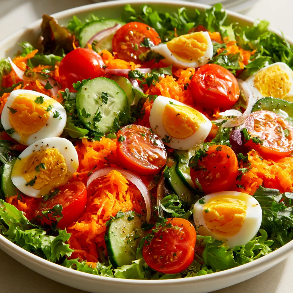 Bol frais de carottes râpées, œufs, concombre et tomates.