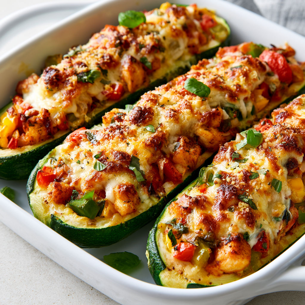 Courgettes farcies poulet poivrons fromage gratiné