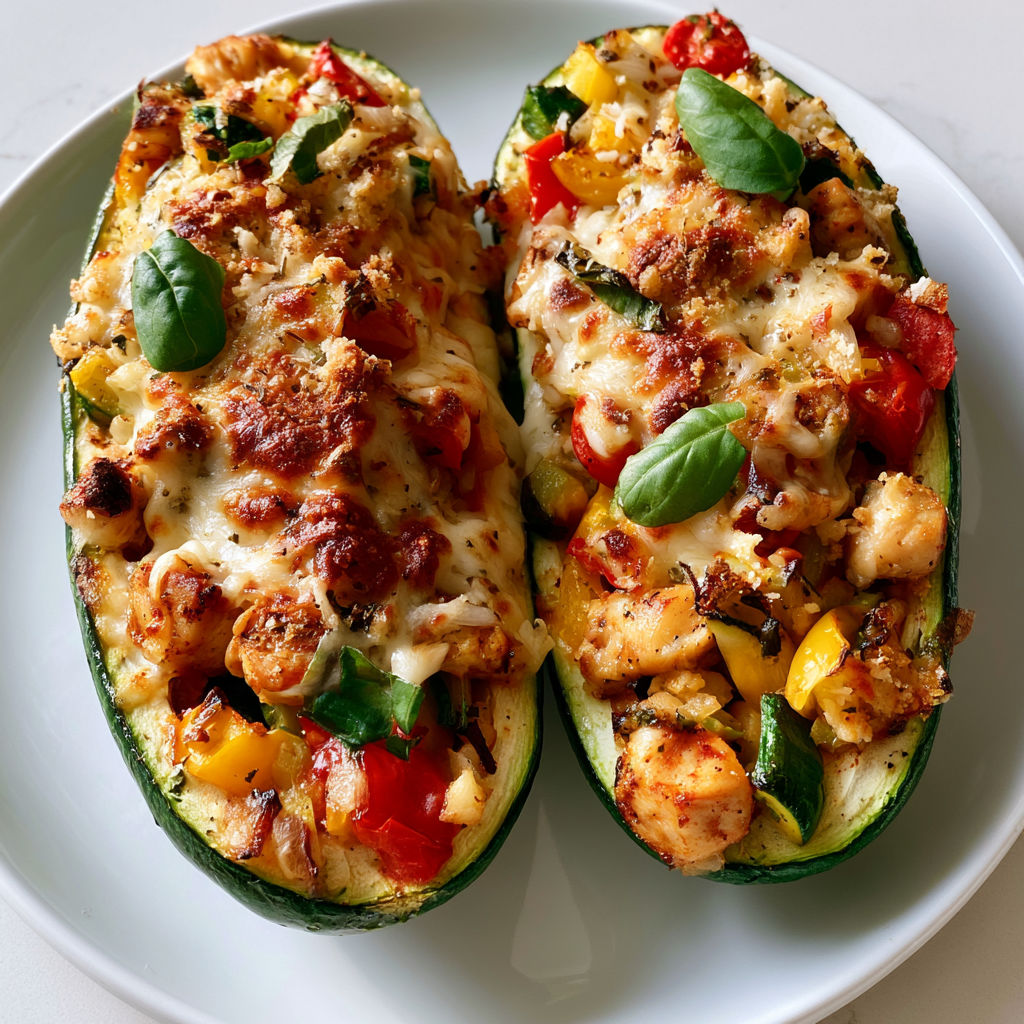 Courgettes gratinées farcies poulet tomates poivrons fromage