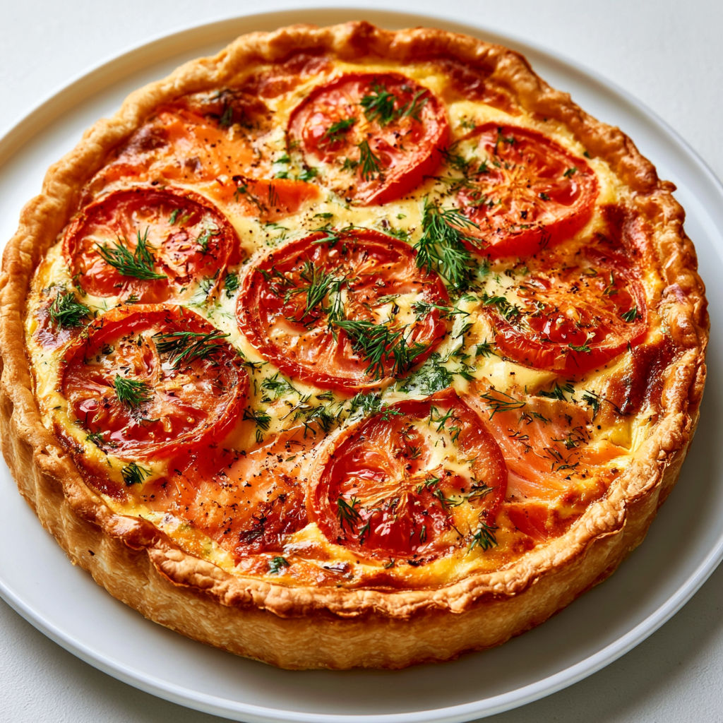 Une part de tarte au saumon et tomates servie sur une assiette.